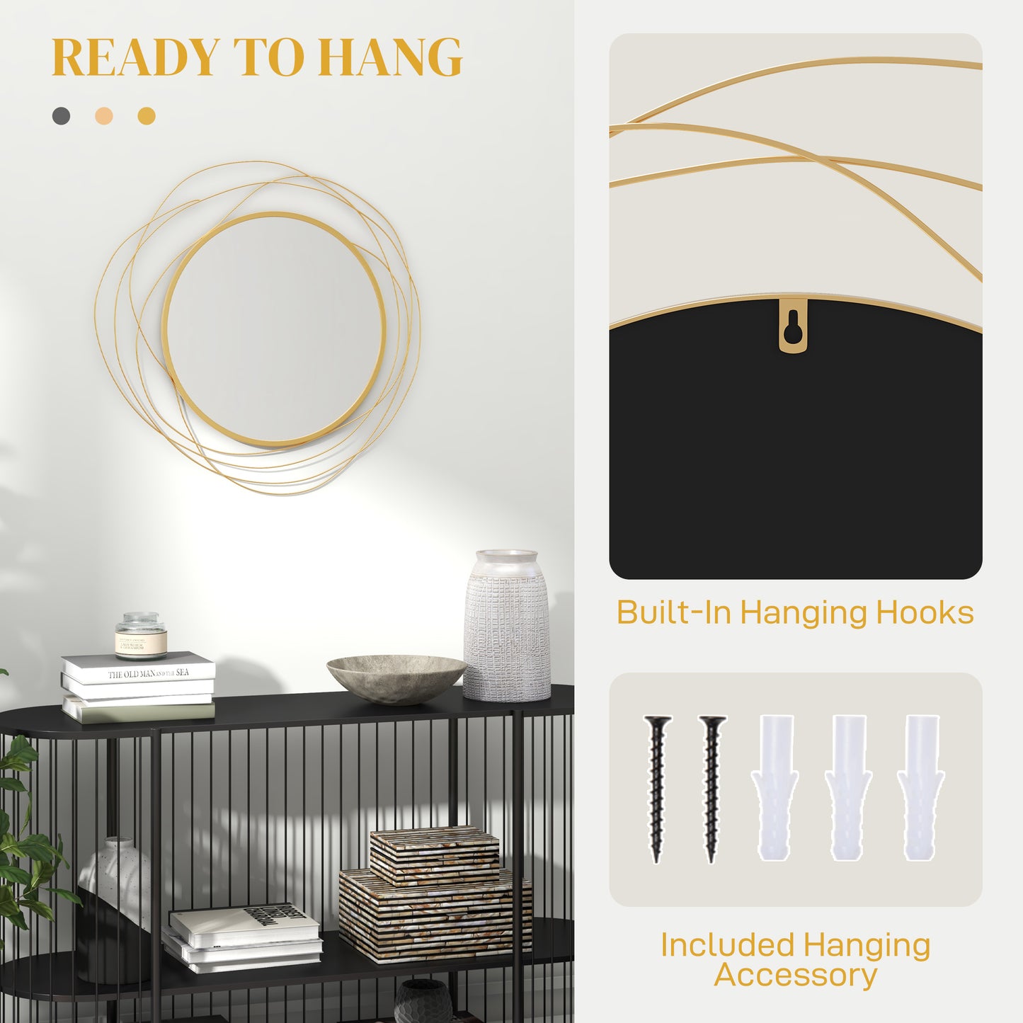 HOMCOM Metal Wall Art 65cm Modern Decorative Mirror Decor for Living Room Bedroom Dining Room, Gold Tone