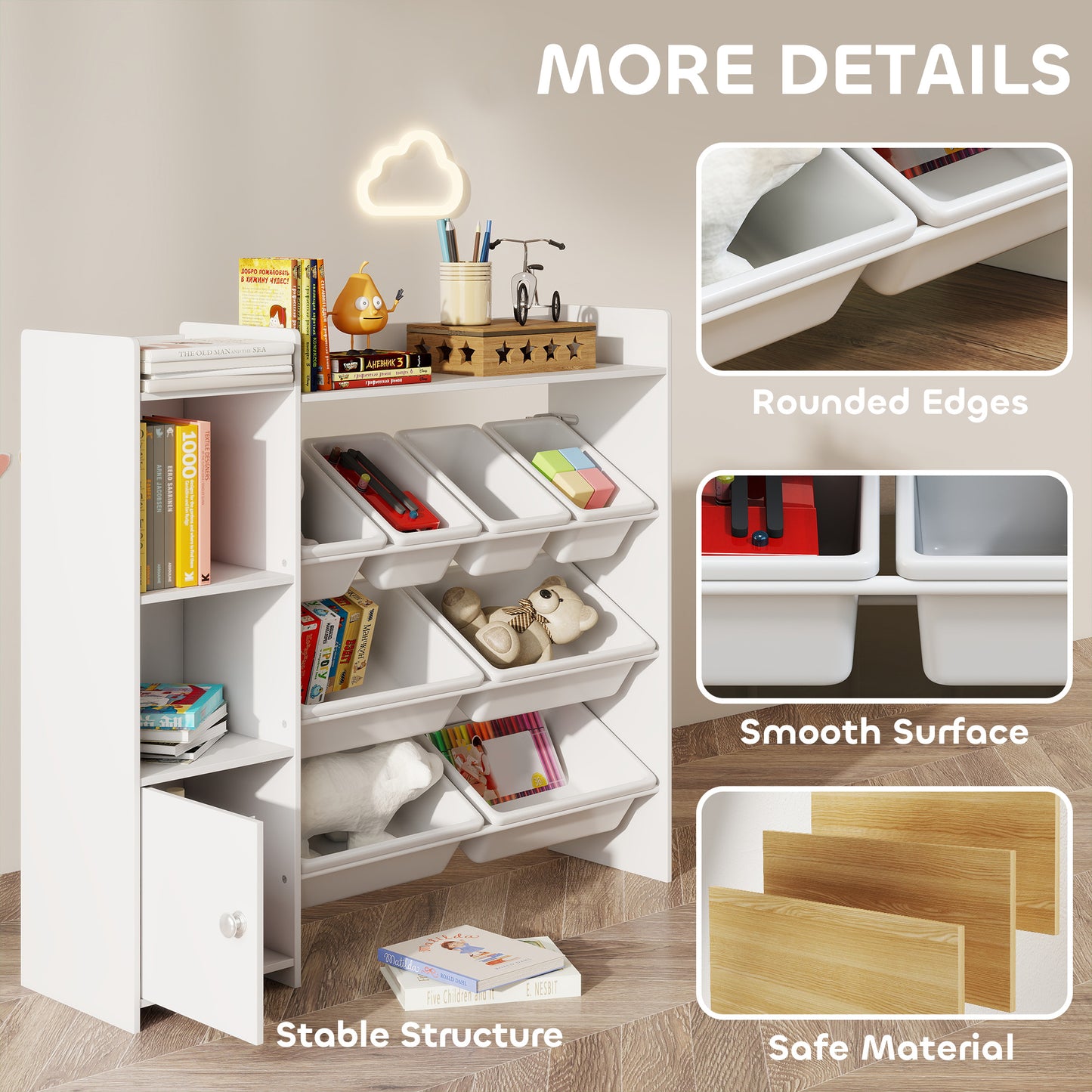 AIYAPLAY Toy Storage Unit with 8 Removable Bins, Storage Shelves, Cabinet, White