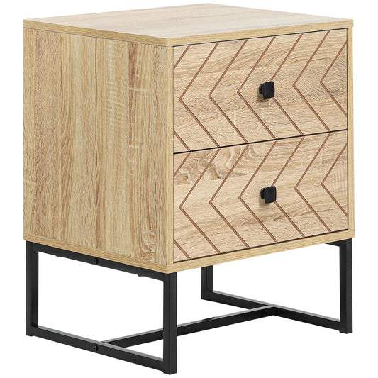 Photo of HOMCOM Bedside Table Nightstand Two-Drawer Bedroom Storage Unit Zig Zag Design with Black Metal Handles, Natural in Natural colour on a white background