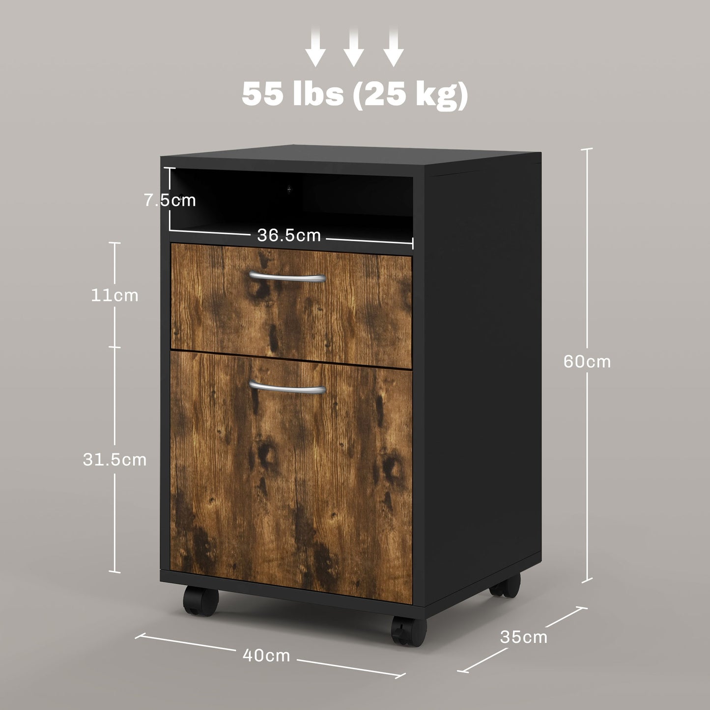 HOMCOM Filing Cabinet, Mobile File Cabinet with 2 Lockable Drawers, Office Home Organiser on Wheels for A4, Letter-Size File Folders, Mobile Printer with Open Shelf, Rustic Brown