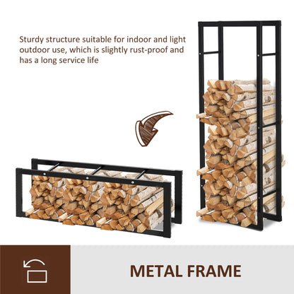 Black metal firewood rack shown upright and folded flat, with logs stored inside