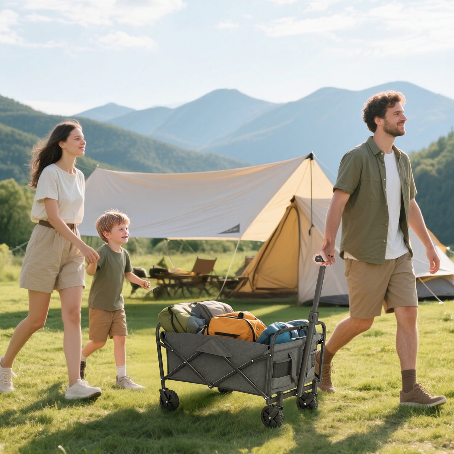 Outsunny 93L Festival Trolley on Wheels, Garden Folding Trolley Cart, 120kg Heavy Duty Collapsible Folding Wagon with Adjustable Handle and Carrying Bag for Beach, Camping, Festival, Grey