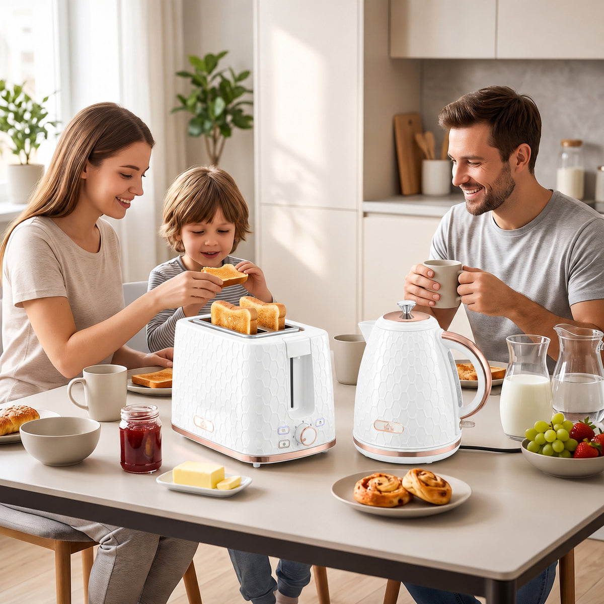 White two-slice toaster and electric kettle set with rose gold trim on a breakfast table