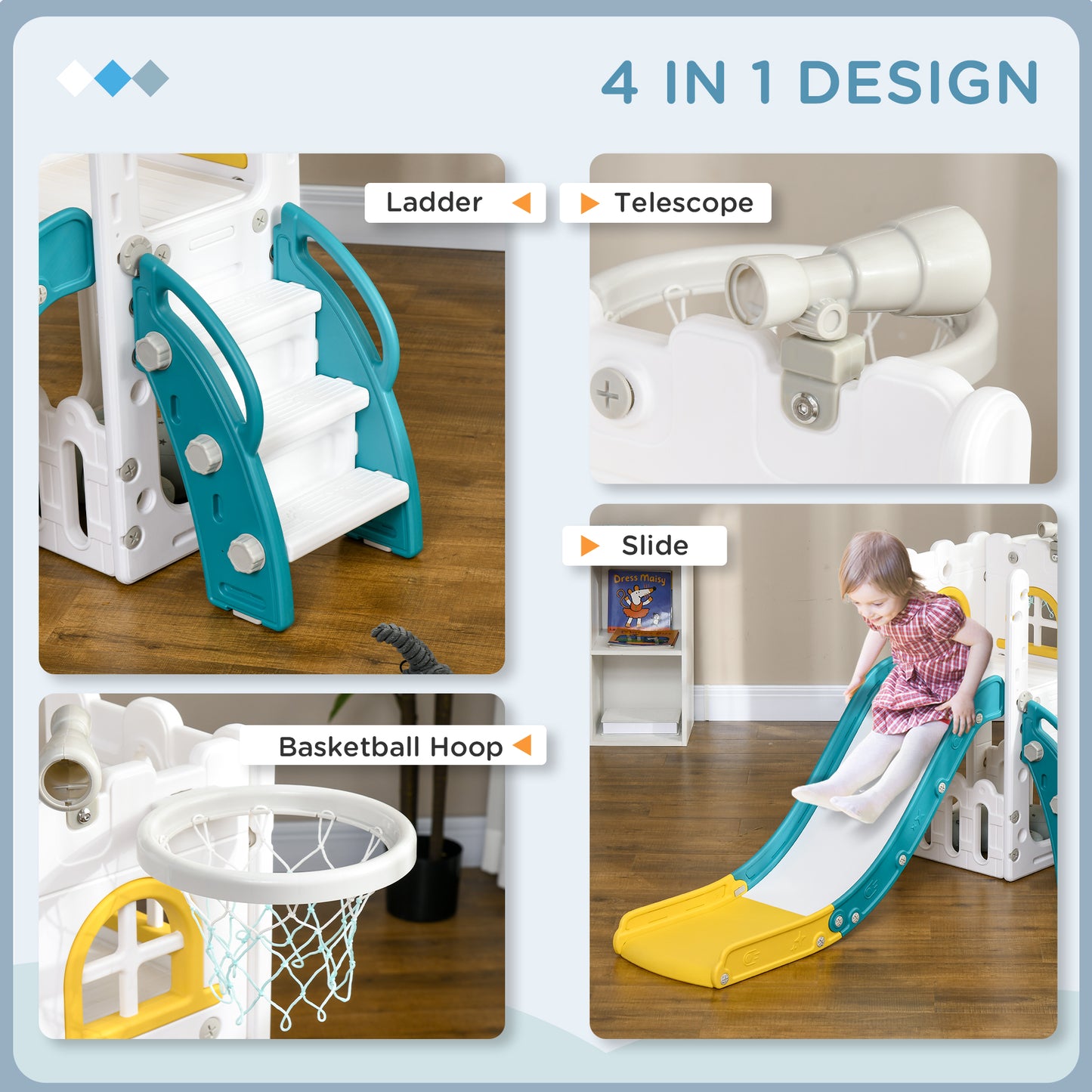 AIYAPLAY 5 in 1 Toddler Slide with Basketball Hoop, Climber, Telescope, Storage Basket, for Ages 1-3 Years, Yellow