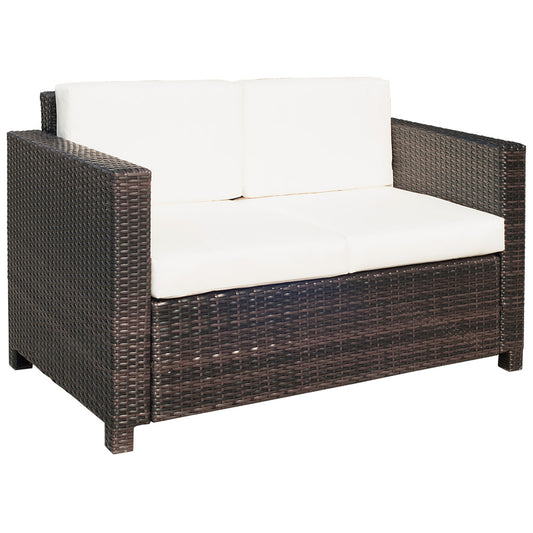 Photo of Outsunny Rattan Sofa, 2 Seater Garden Furniture with Soft Padded Cushion and Armrests, Wicker Garden Loveseat for Patio, Mixed Brown in Brown colour on a white background