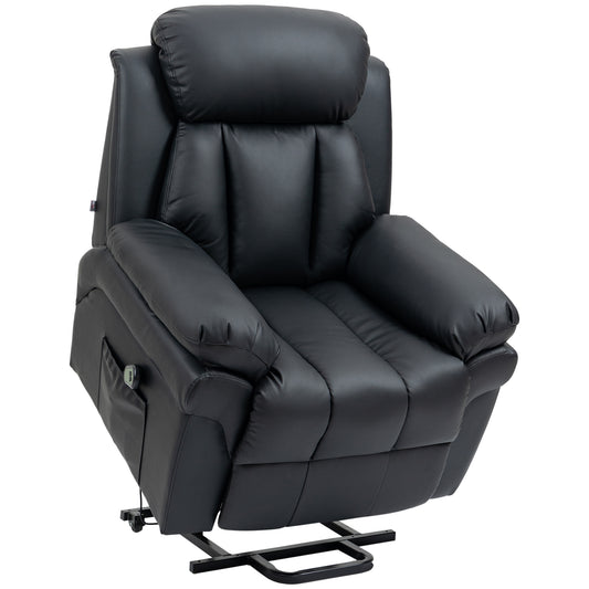 Photo of HOMCOM Power Lift Chair Recliner for Elderly, Electric Recliner Chair, Overstuffed Faux Leather Riser and Reclining Armchair with Remote Control, Side Pockets, for Living Room, Black in Black colour on a white background