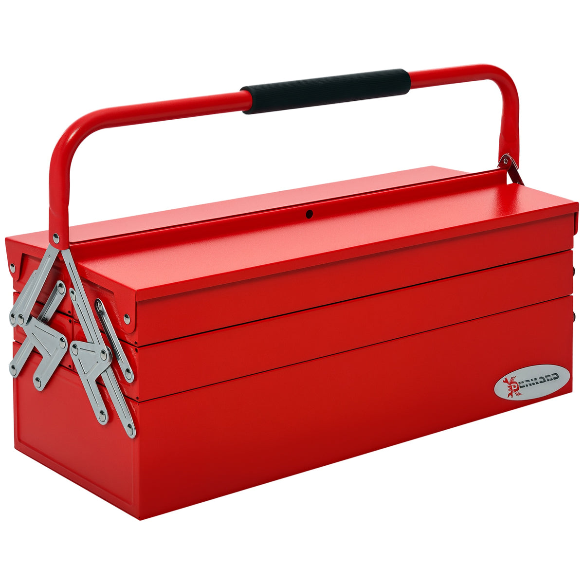 Red DURHAND metal toolbox with three tiers, folding trays, silver hinges and a padded carry handle