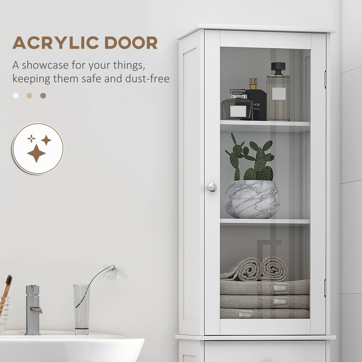White bathroom cabinet with clear acrylic door and three display shelves