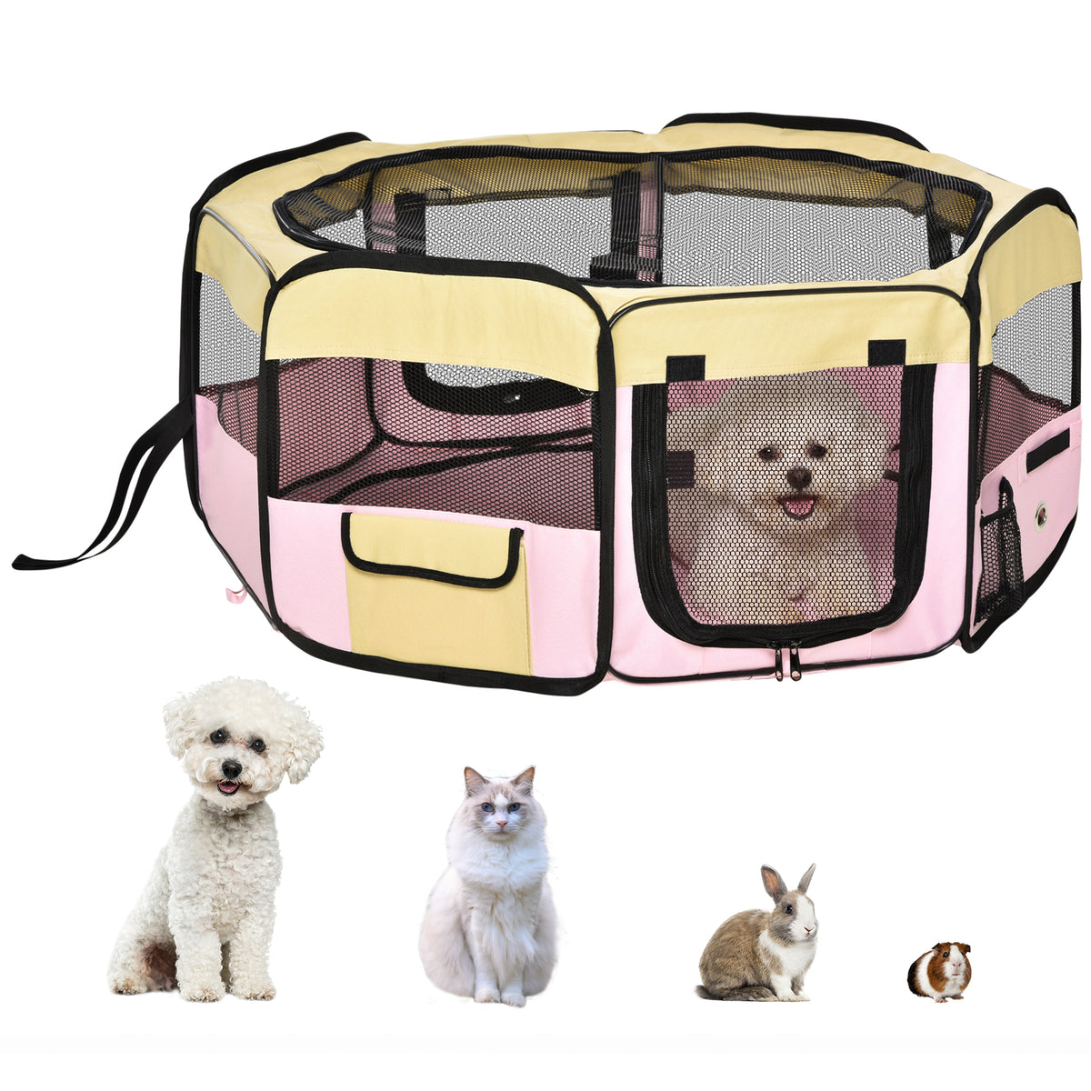 Pink and yellow mesh pet playpen with zippered front door and storage pockets