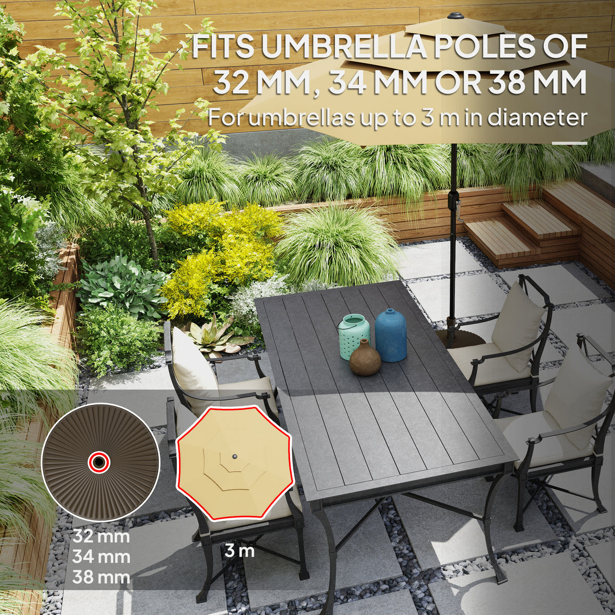 Outsunny brown umbrella base shown with compatible pole sizes and umbrella canopy span