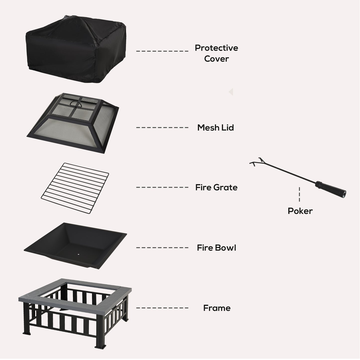 Outsunny Metal Large Firepit Outdoor Square Fire Pit Brazier with Rain Cover, Lid, Log Grate, Poker for Backyard, Camping, BBQ, Bonfire, Wood Burning Stove, 86 x 86 x 54cm, Black