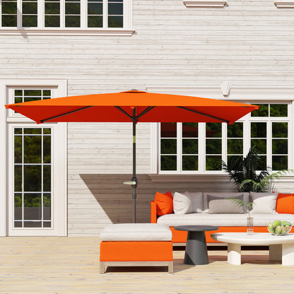 Orange rectangular parasol shading a patio seating area
