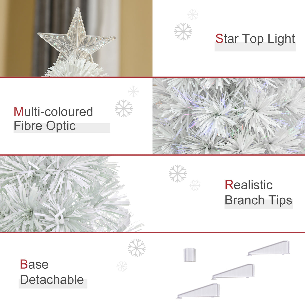 White Christmas tree details, including a star light, fibre-optic branch tips and detachable base.