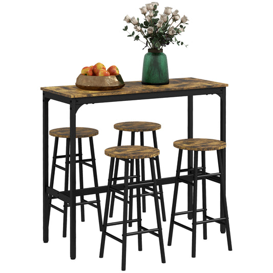 Photo of HOMCOM 5 Piece Bar Table Set with 4 Stools, Industrial Bar Table and Stool Set, Dining Table and Chair Set, Rustic Brown in Brown colour on a white background