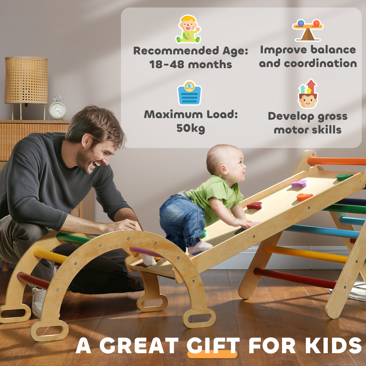Wooden toddler climbing frame with ramp, arch, and colorful ladder bars