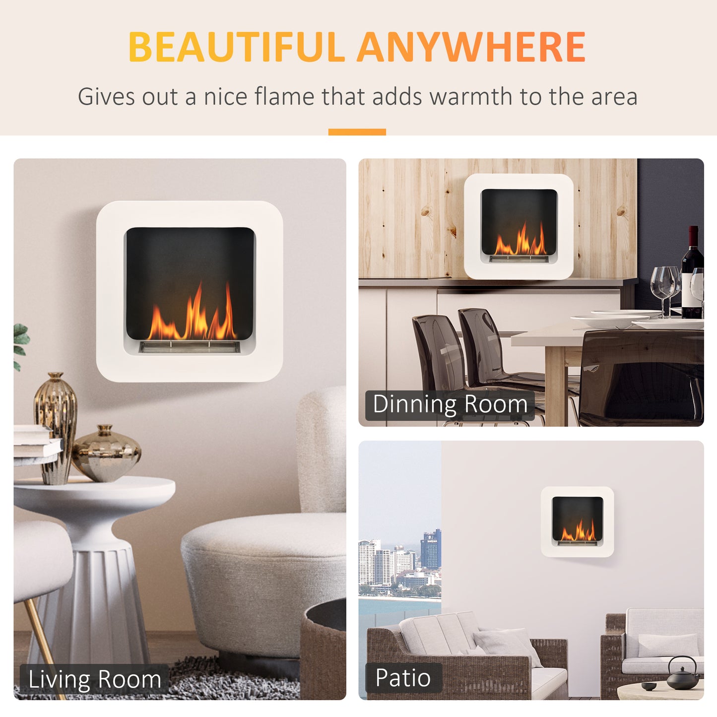 HOMCOM Wall Mounted Ethanol Fireplace, Bioethanol Heater Stove Fire with 1L Tank, 2.5 Hour Burning Time, 48 x 48 cm, White