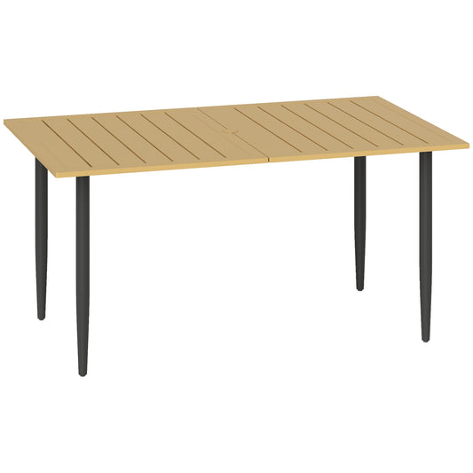 Photo of Outsunny Garden Dining Table, 150 x 90 cm Rectangle Outdoor Table with 5 cm Parasol Hole, Slatted Tabletop and Steel Frame for Patio Balcony, (Table Only) Brown in Brown colour on a white background