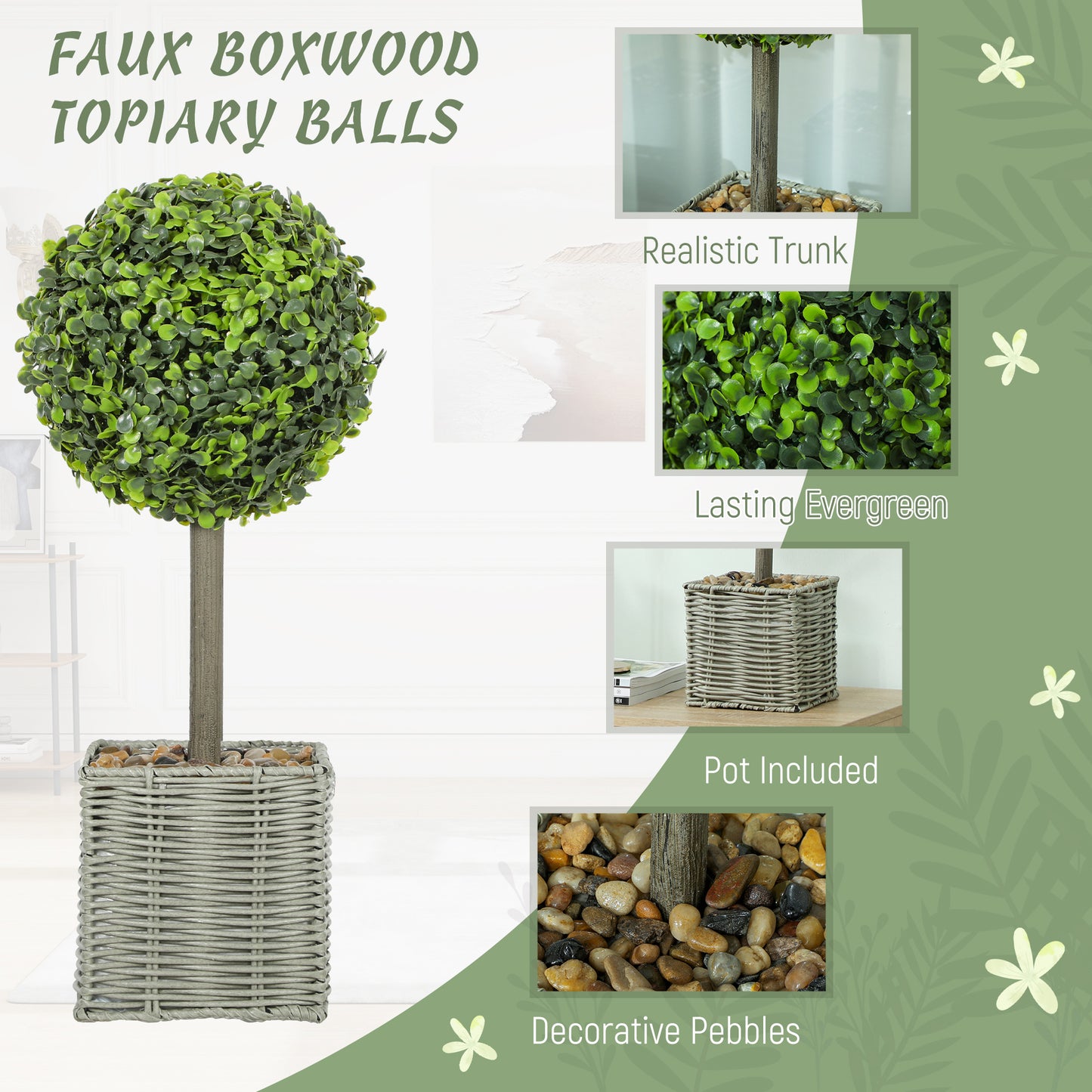 HOMCOM Set of 2 Decorative Artificial Plants, 50cm Faux Boxwood Topiary Balls with Woven Plastic Pot and Pebbles, Fake Plants for Home or Office Decor, Green