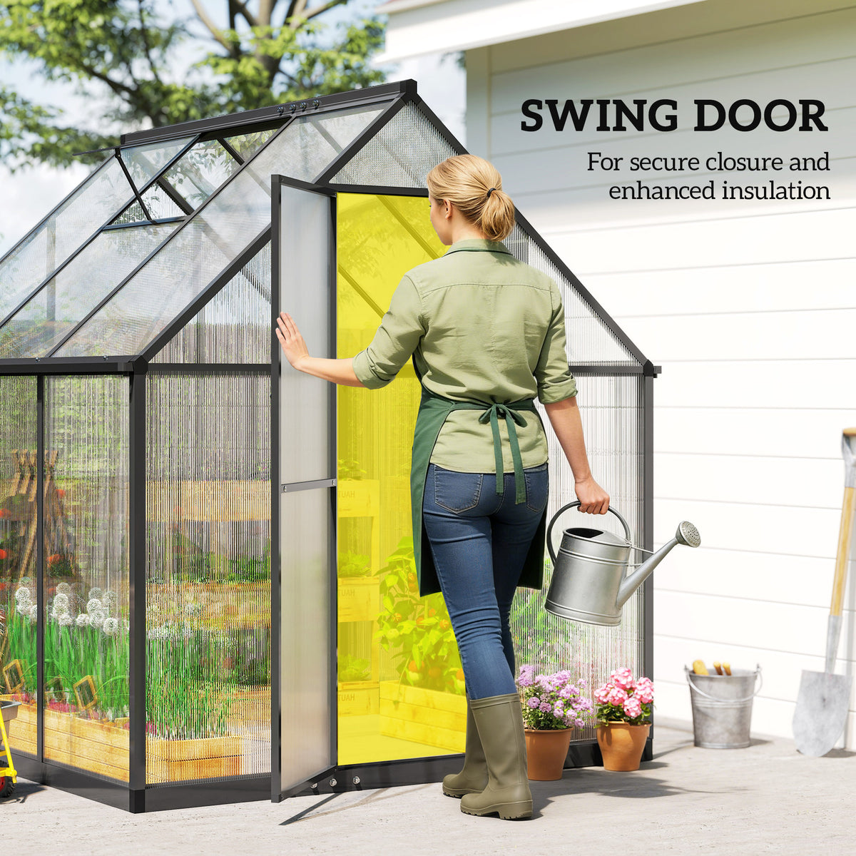 Outsunny 6 x 5.5ft Polycarbonate Greenhouse, Quick Setup Walk in Green House, Push Door, Adjustable Roof Vent, Rain Gutter, Black