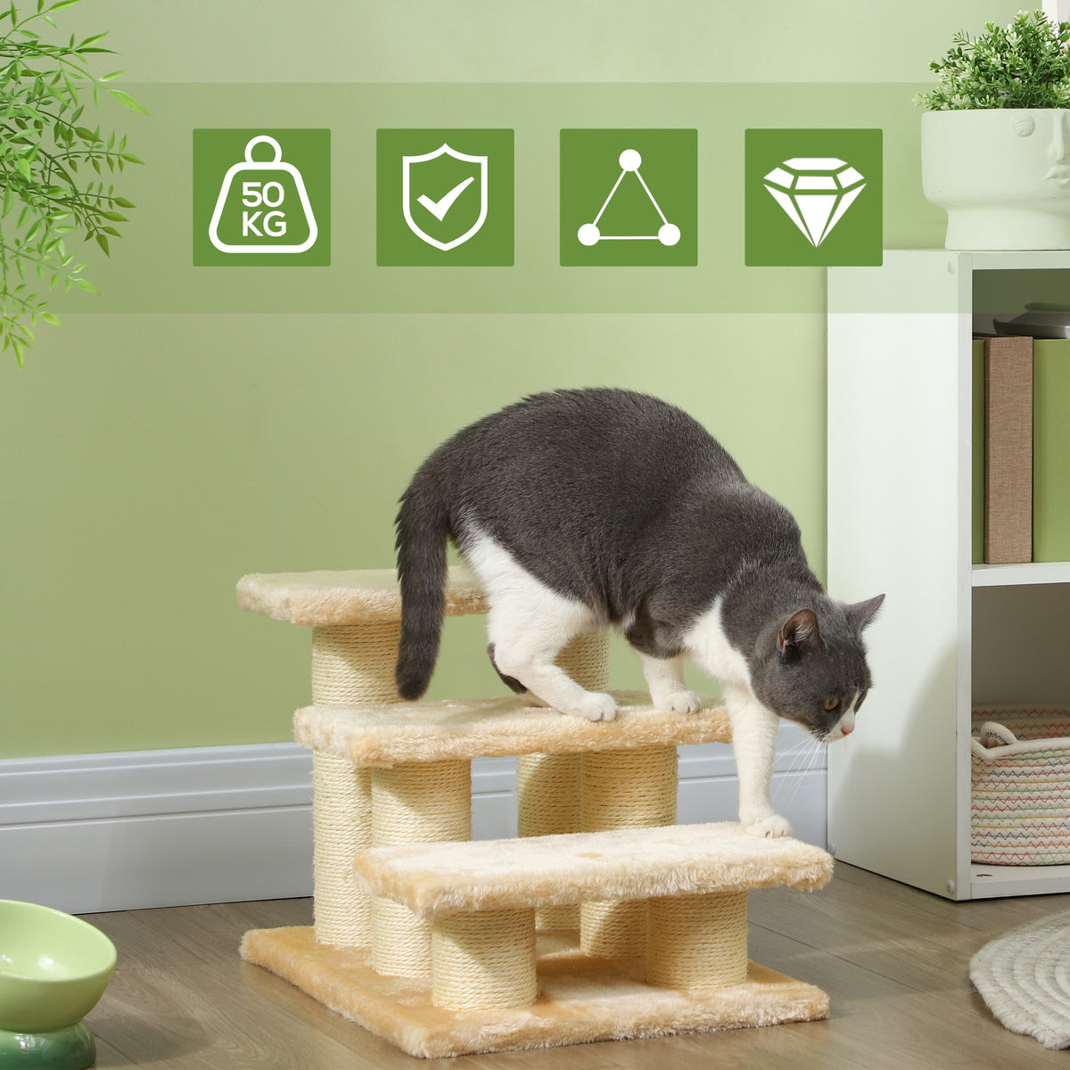 Beige three-step pet stairs with a cat stepping down across the plush platforms