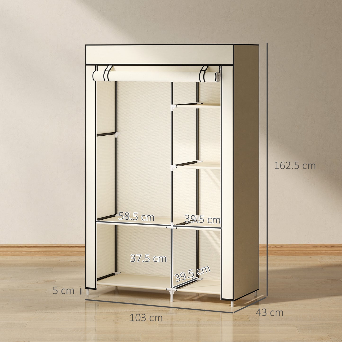 HOMCOM Fabric Wardrobe w/ Shelves Hanging Rail Foldable Wardrobe Cream
