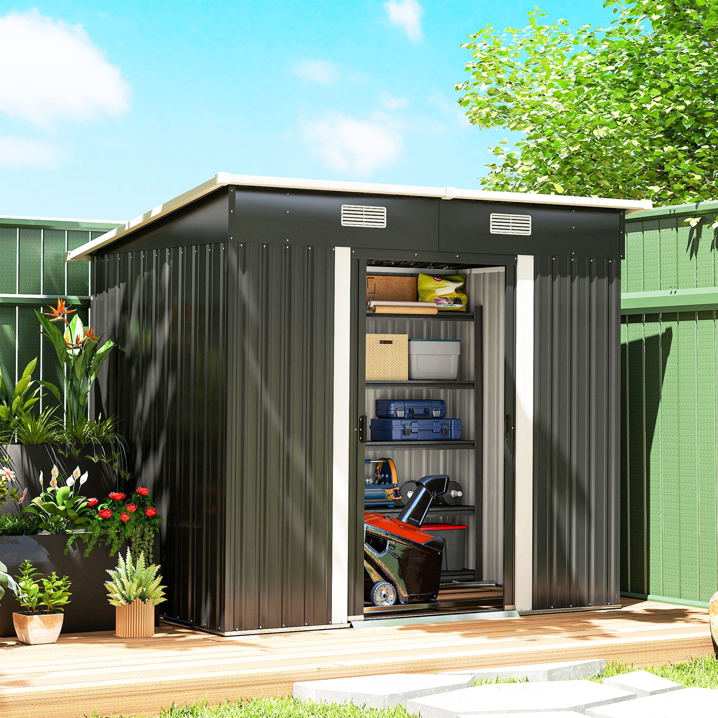Outsunny 7 x 4ft Outdoor Storage Shed with Foundation Kit, Lean to Metal Garden Shed for Log, Rubbish Bin, Tool, Lawnmower, Bike, Patio and Lawn Use, Black