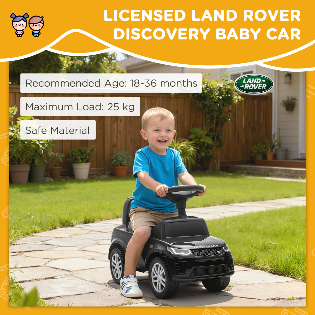 AIYAPLAY Land Rover Licensed Toddler Ride on Car with Horn, Engine Sounds, Under-Seat Storage, for 18-36 Months, Black