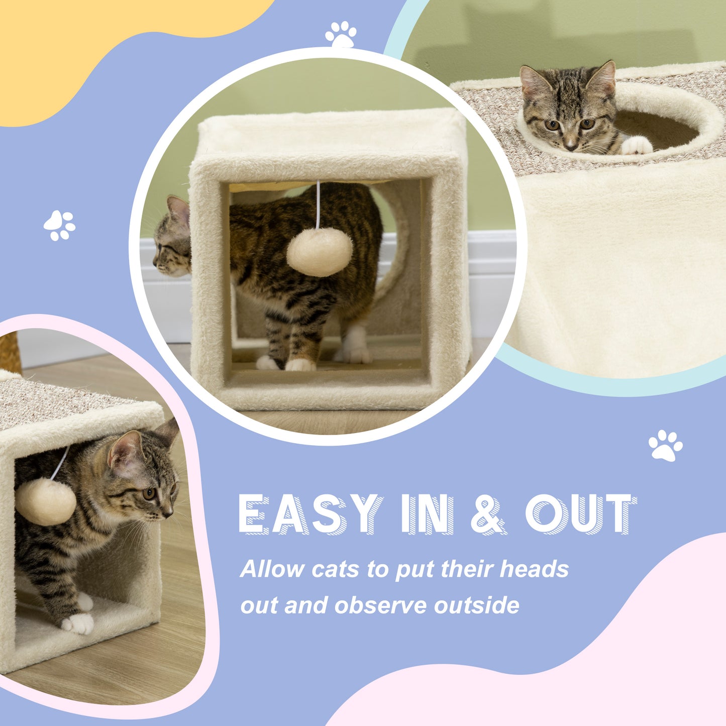 PawHut Cat Tunnel, Plush Large Play Tunnel with Two Caves and Hanging Ball, Cream White