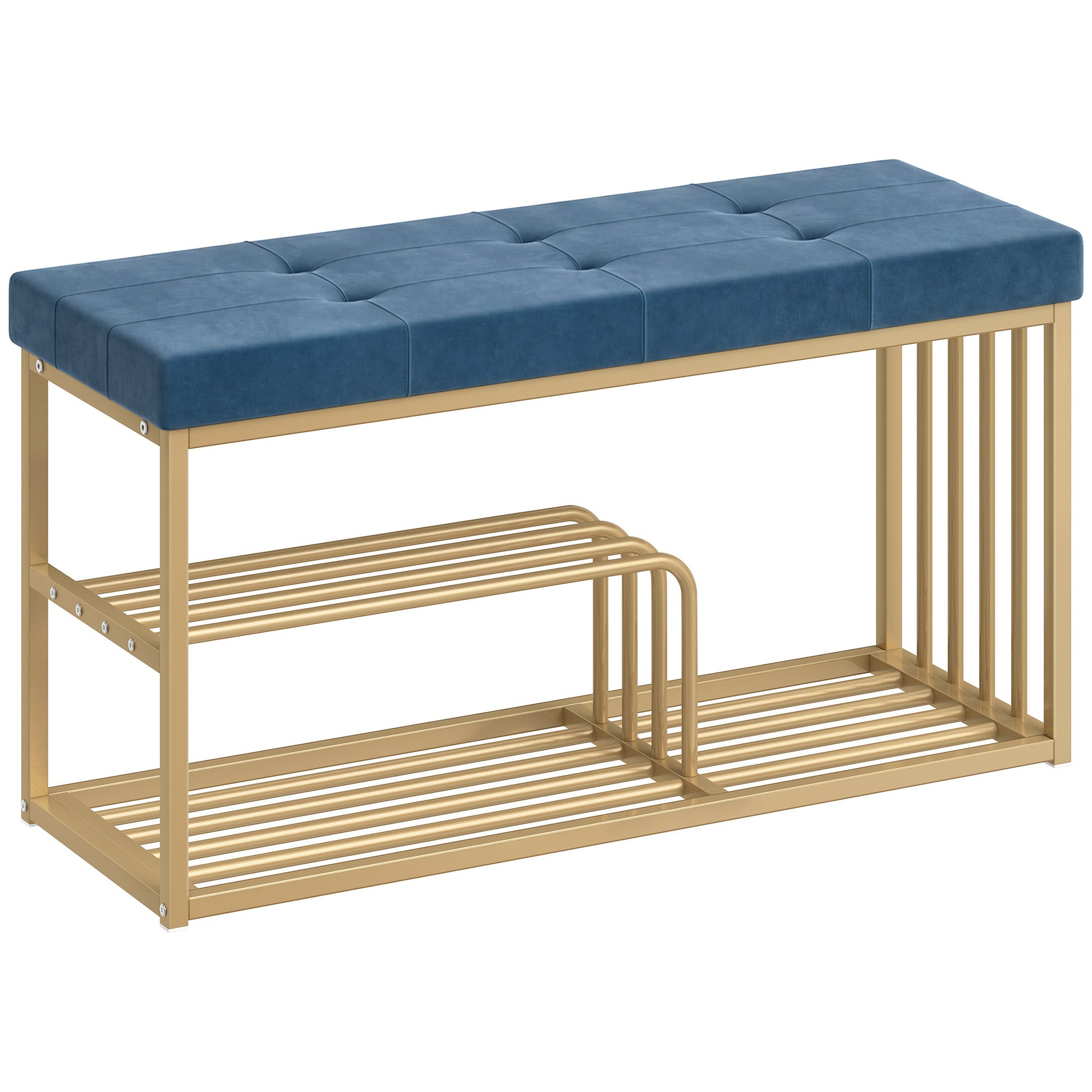 Photo of HOMCOM Bench and Shoe Storage, Tufted Shoe Storage Bench with Velvet Seat Cushion Gold Steel Frame for Entryway, Dark Blue in Blue colour on a white background