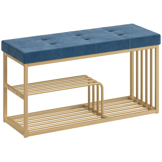 Photo of HOMCOM Bench and Shoe Storage, Tufted Shoe Storage Bench with Velvet Seat Cushion Gold Steel Frame for Entryway, Dark Blue in Blue colour on a white background