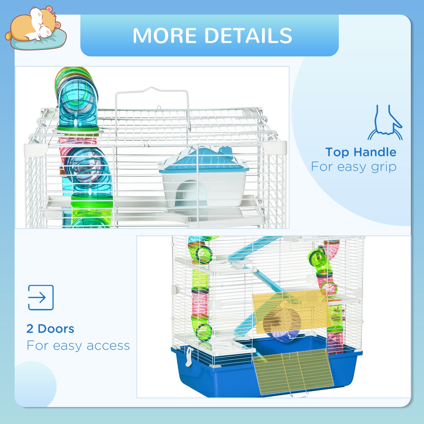 PawHut 5 Tier Hamster Cage, Gerbil Cage with Exercise Wheel, Feeder Bowl, Tube, Water Bottle, 59L x 36W x 69H cm - Blue
