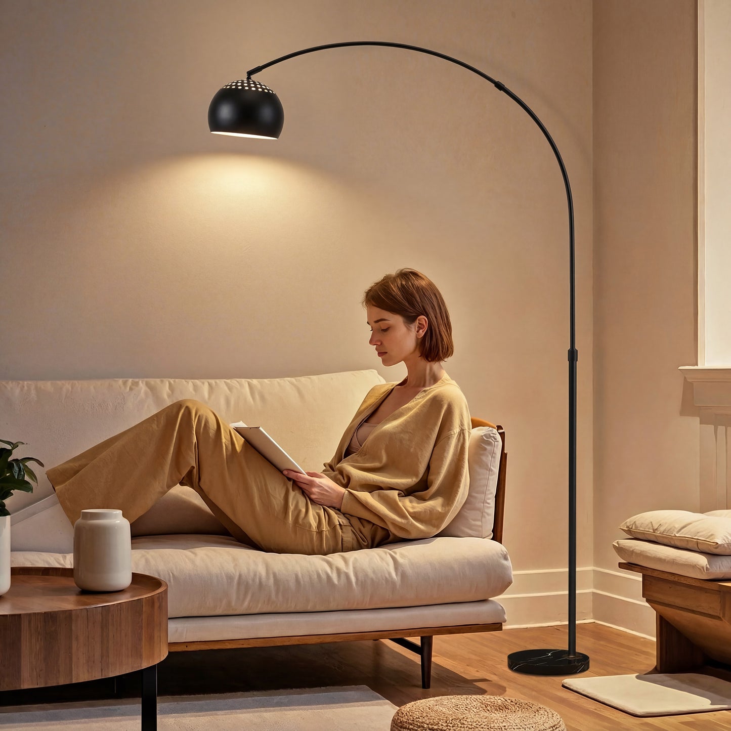 HOMCOM Arc Floor Lamp for Living Room, Modern Adjustable Standing Lamp with Faux Black Marble Base Black