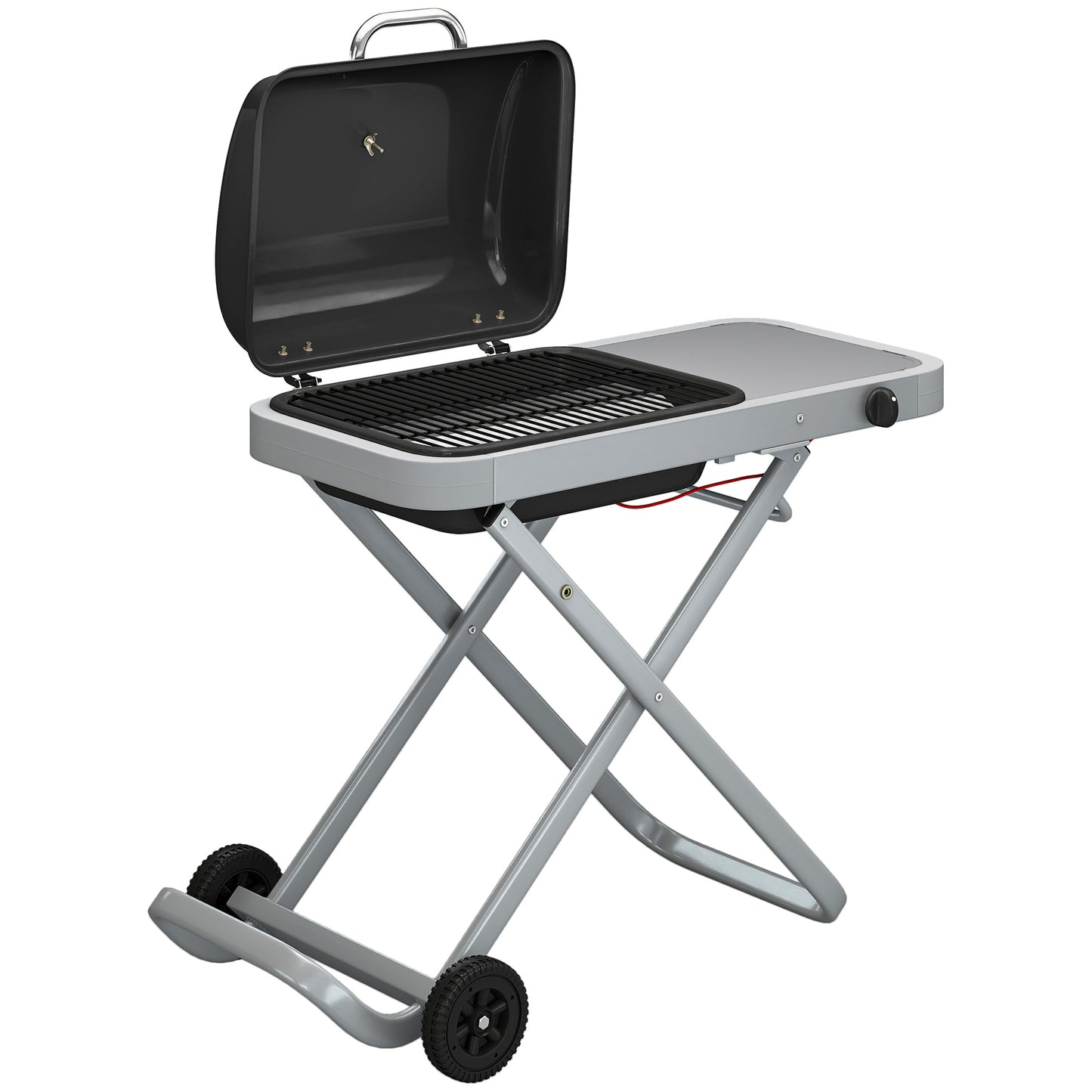 Photo of Outsunny Foldable Gas BBQ Grill with Side Table, Portable Gas Barbecue Grill with Thermometer, Grease Box, Wheels, 2.5 kW, Black in Black colour on a white background
