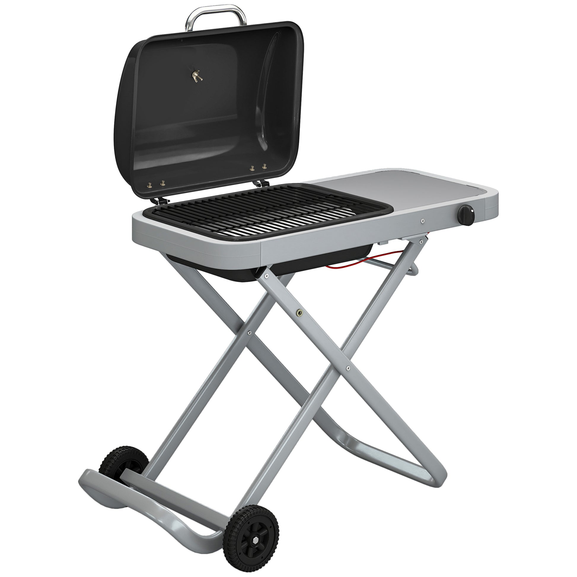 Photo of Outsunny Foldable Gas BBQ Grill with Side Table, Portable Gas Barbecue Grill with Thermometer, Grease Box, Wheels, 2.5 kW, Black in Black colour on a white background