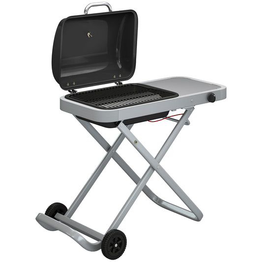 Photo of Outsunny Foldable Gas BBQ Grill with Side Table, Portable Gas Barbecue Grill with Thermometer, Grease Box, Wheels, 2.5 kW, Black in Black colour on a white background