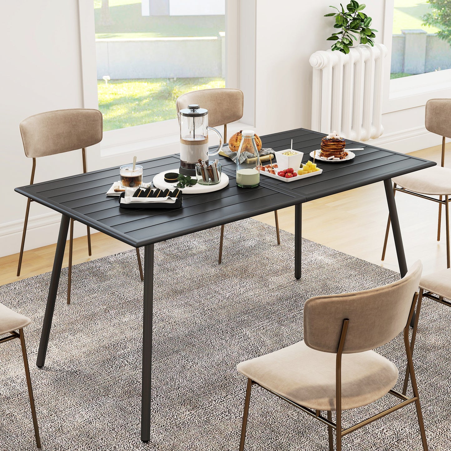 Outsunny Rectangle Garden Table with Slat Top, Steel Frame, Outdoor Table for 6 Person, 150 x 80 x 74 cm, Black
