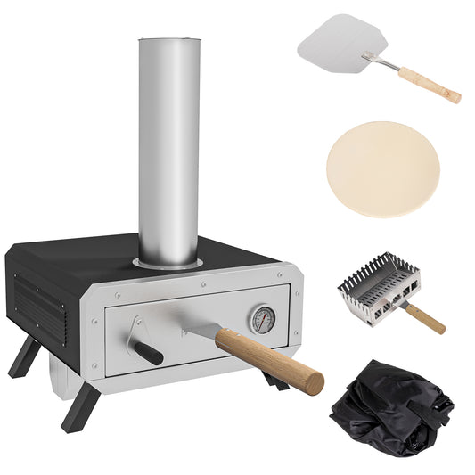 Photo of Outsunny Portable Wood Pellet Pizza Oven with 12" / 30cm Rotating Pizza Stone, Peel and Cover, Wood Fired Pizza Maker with Thermometer for Outdoor Garden Cooking in Cooking colour on a white background