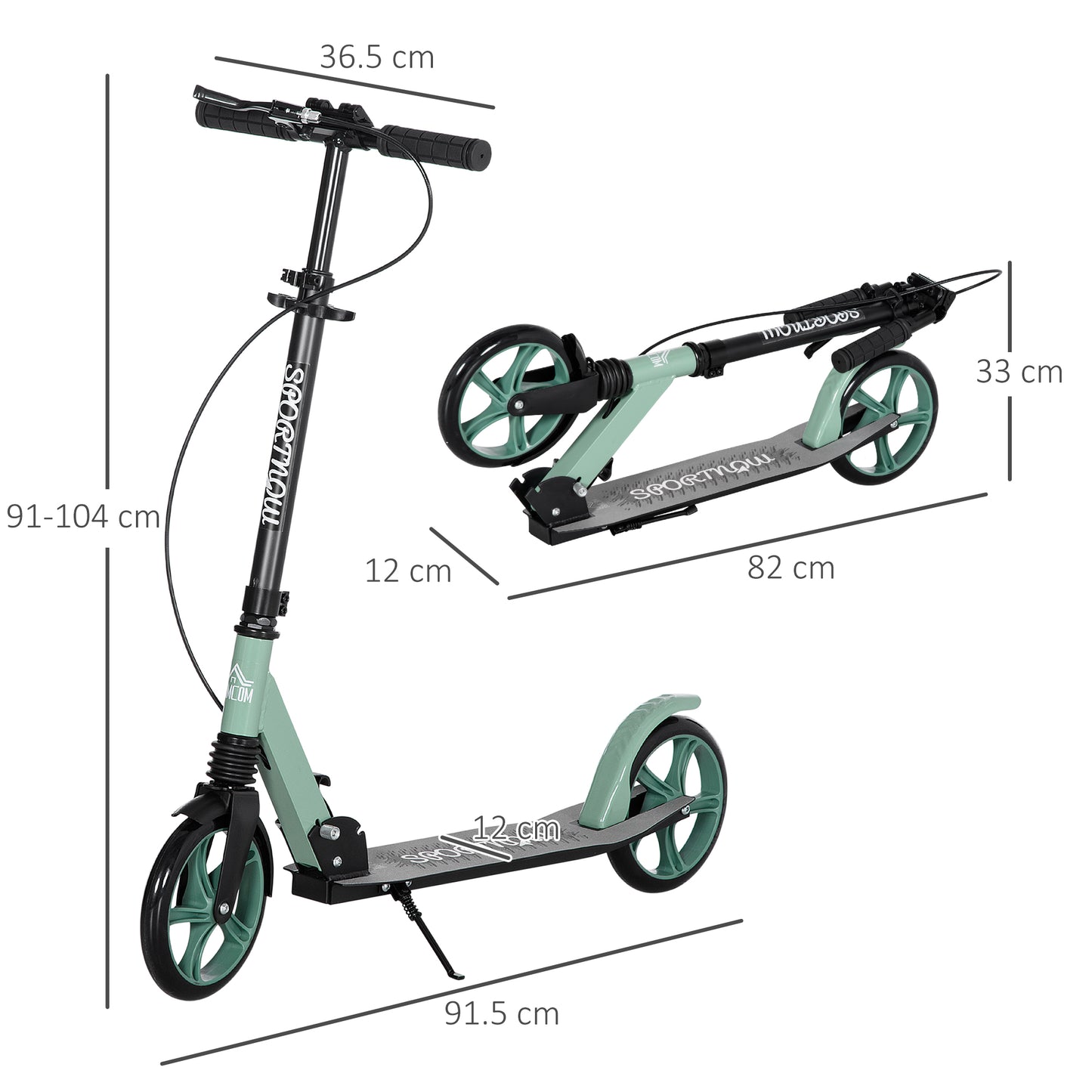 HOMCOM One-click Folding Kick Scooter for 14+ w/ Adjustable Handlebar, Push Scooter with Kickstand, Dual Brake System, Shock Absorber, 200mm Wheels & ABEC-9 Bearings, Green