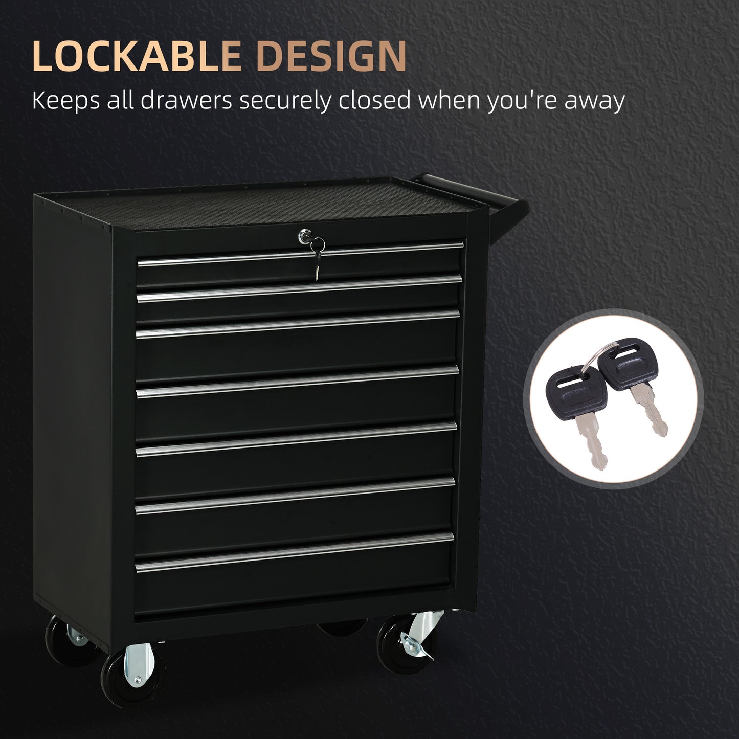 DURHAND 7-Drawer Tool Box on Wheels, Lockable Tool Cabinet with EVA Pat & Ball Bearing, Matte Black
