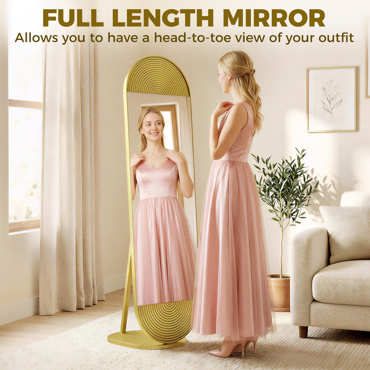 HOMCOM 50 x 161 cm Wavy Full Length Mirror, Free Standing Mirror with Metal Frame and Solid Base, Gold Tone