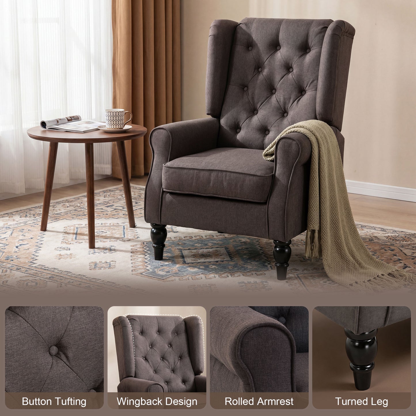 HOMCOM Wingback Accent Chair, Retro Upholstered Button Tufted Occasional Chair for Living Room and Bedroom, Brown