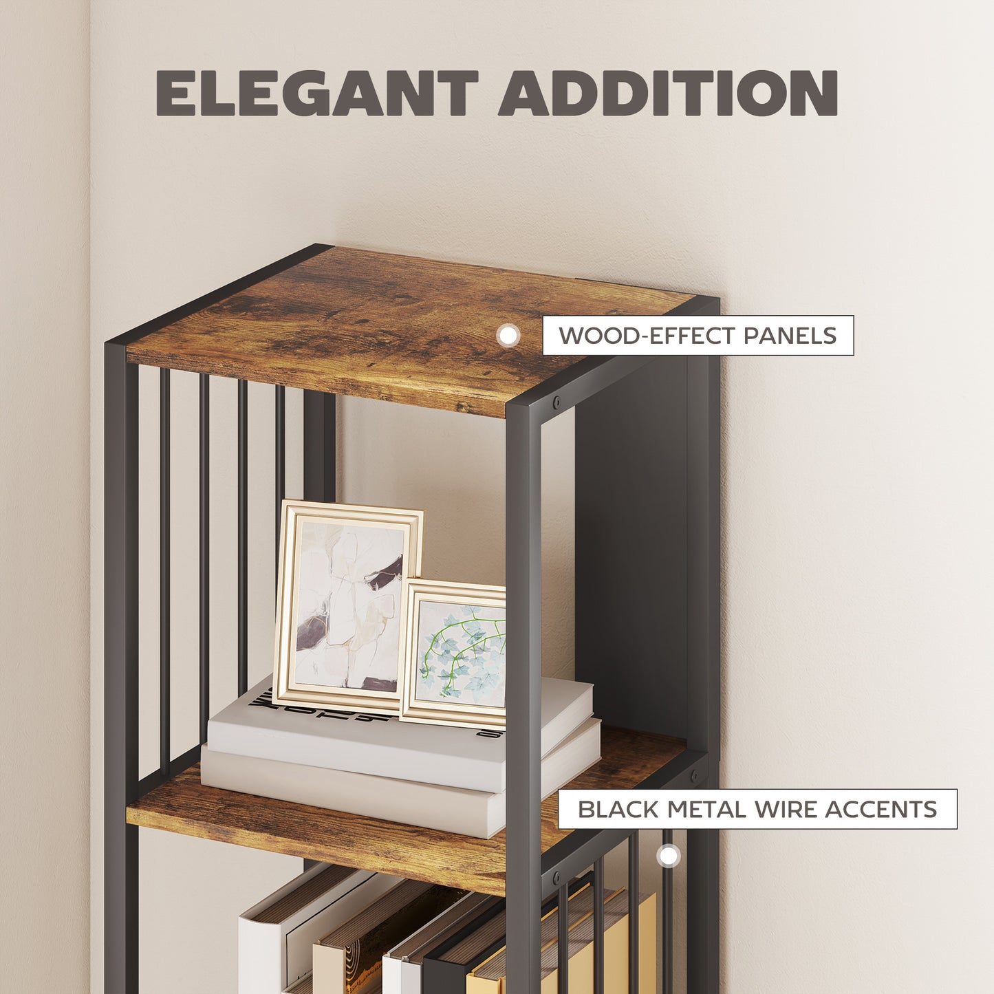 HOMCOM 5-Tier Bookshelf with Steel Frame - Rustic Brown