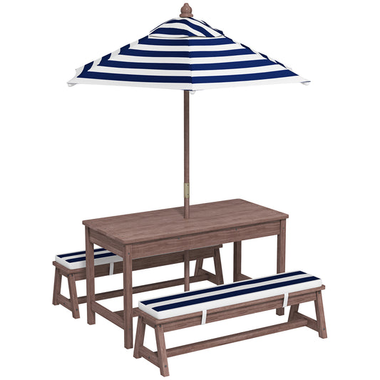 Photo of AIYAPLAY Outdoor Wooden Kids Picnic Table & Bench Set with Cushions and Umbrella, for Patio, Garden, Navy Blue in Blue colour on a white background