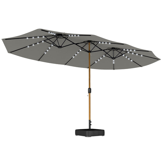 Photo of Outsunny Double Sided Garden Parasol with Base Included & 48 Solar LED Lights Patio Umbrella Crank Handle 4.6m Light Grey in Grey colour on a white background