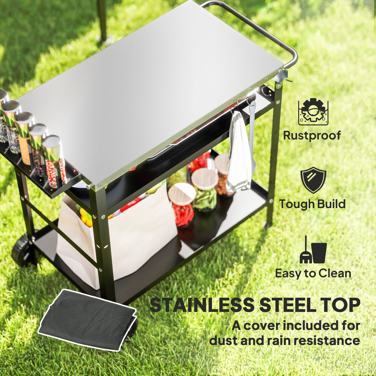 Outdoor grill trolley with stainless steel top, lower shelf, hooks and towel holder