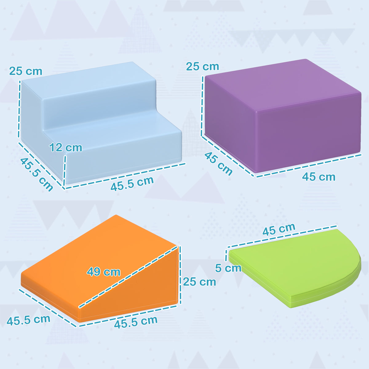 Four-piece foam play set shown as blue stairs, purple block, orange ramp, and green pad with dimensions