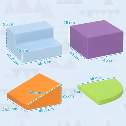 Four-piece foam play set shown as blue stairs, purple block, orange ramp, and green pad with dimensions