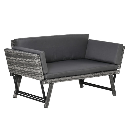 Photo of Outsunny 2 Seater Rattan Sofa with Cushions, 2-in-1 PE Rattan Daybed Sofa with Left Up or Down Armrests, Garden Chaise Lounger Loveseat for Outdoor, Patio, Mixed Grey in Grey colour on a white background