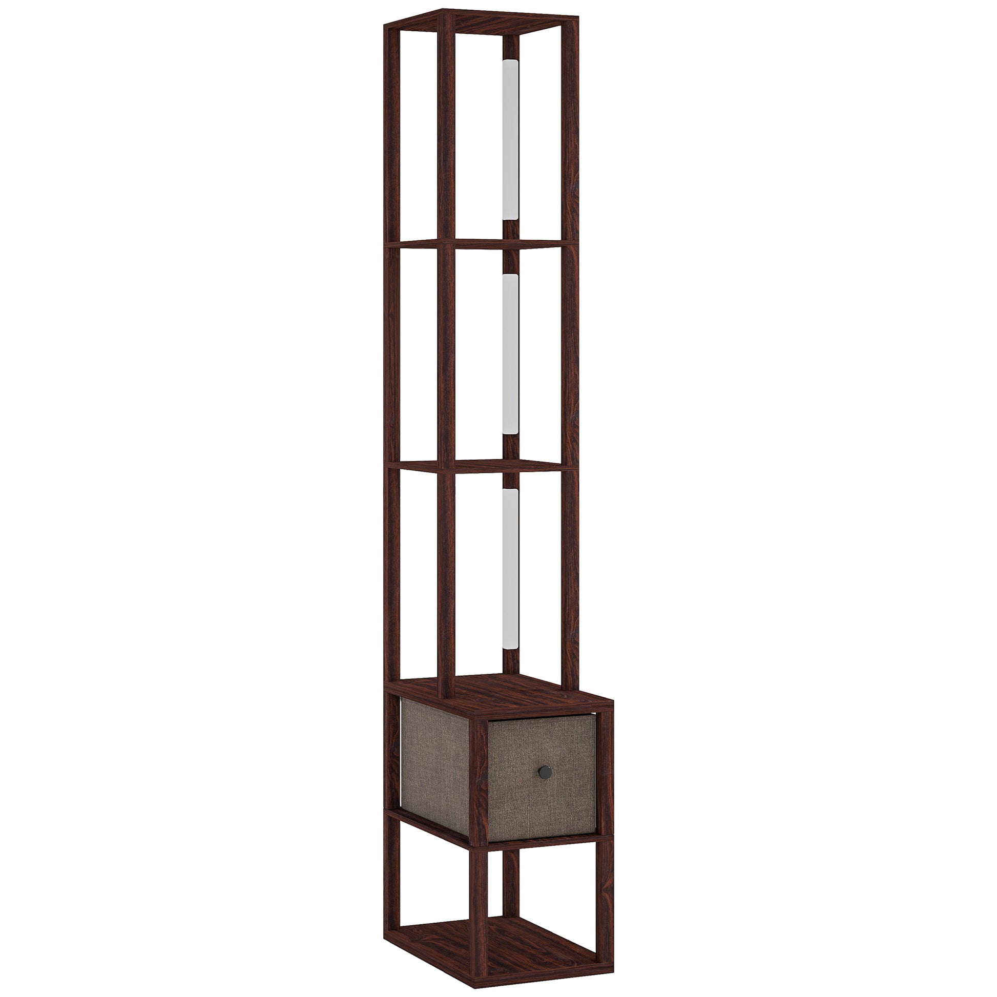 Photo of HOMCOM Floor Lamp with Shelves, LED Column Modern Standing Lamp with Fabric Drawer, Adjustable Brightness, Foot Switch for Living Room, Bedroom, Office, Dark Brown in Brown colour on a white background