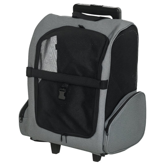 Photo of PawHut 2 in 1 Dog Backpack and Trolley, Pet Travel Backpack Cat Dog Carrier with Telescopic Handle, Portable Pet Stroller Wheel Luggage Bag (Grey) in (Grey) colour on a white background